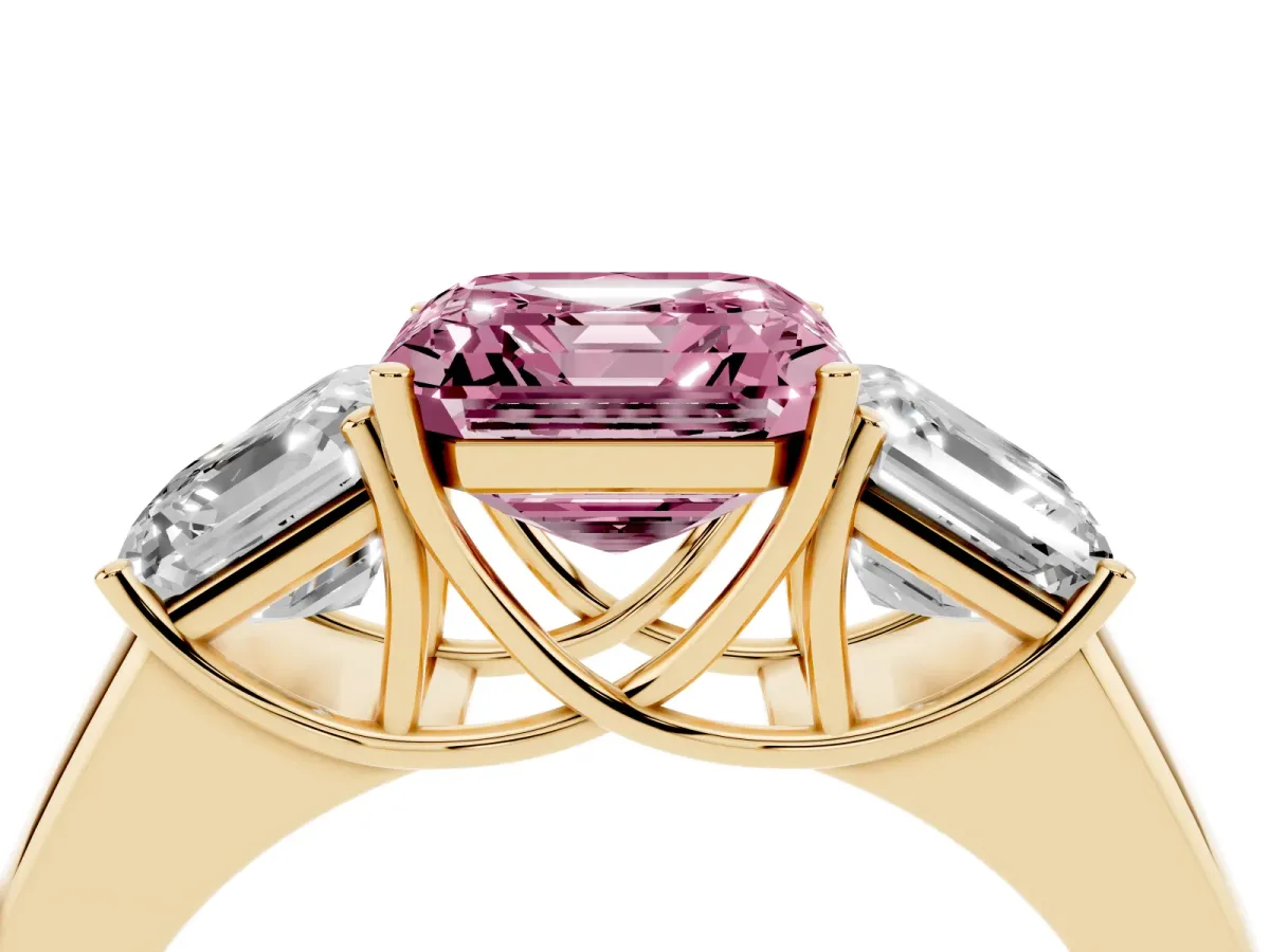 Fancy Pink Three-Stone Asscher Cut Cut Diamond Ring with Prong Setting and Classic Band Yellow gold