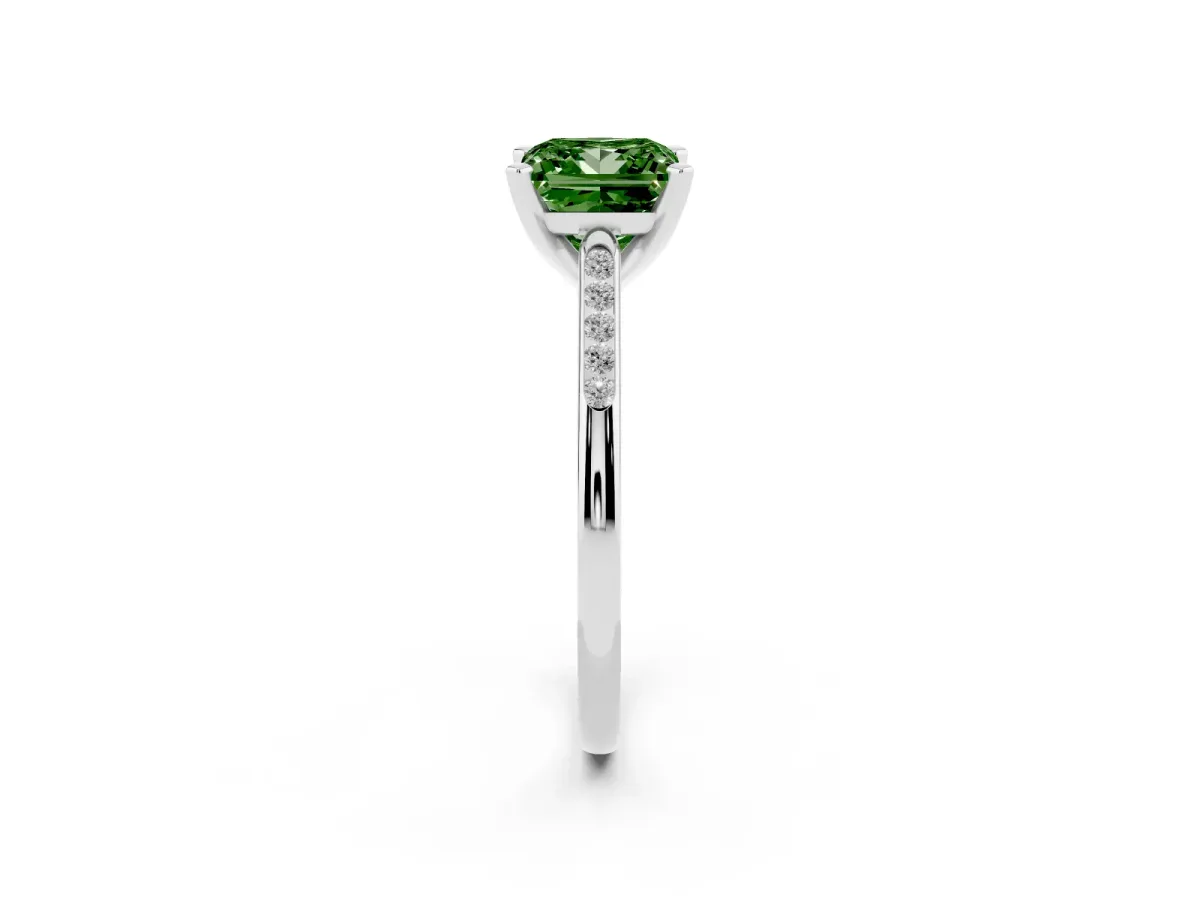 Fancy Green Princess Cut Diamond Solitaire Ring with Channel Set Round Band and Prong Setting Silver