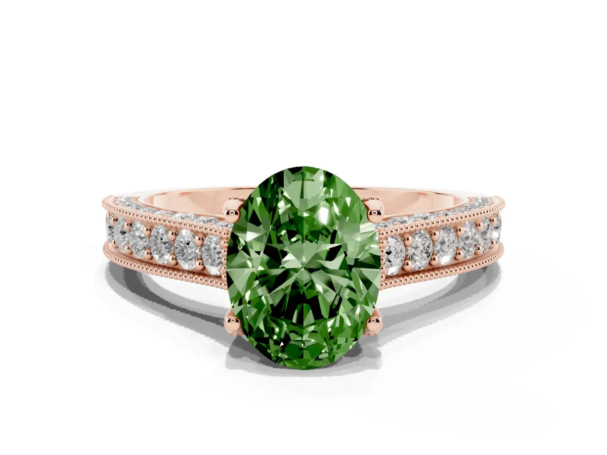 Fancy Green Oval Cut Cut Diamond Solitaire Ring with Milgrain Pave Band and Four Prong Setting Rose gold