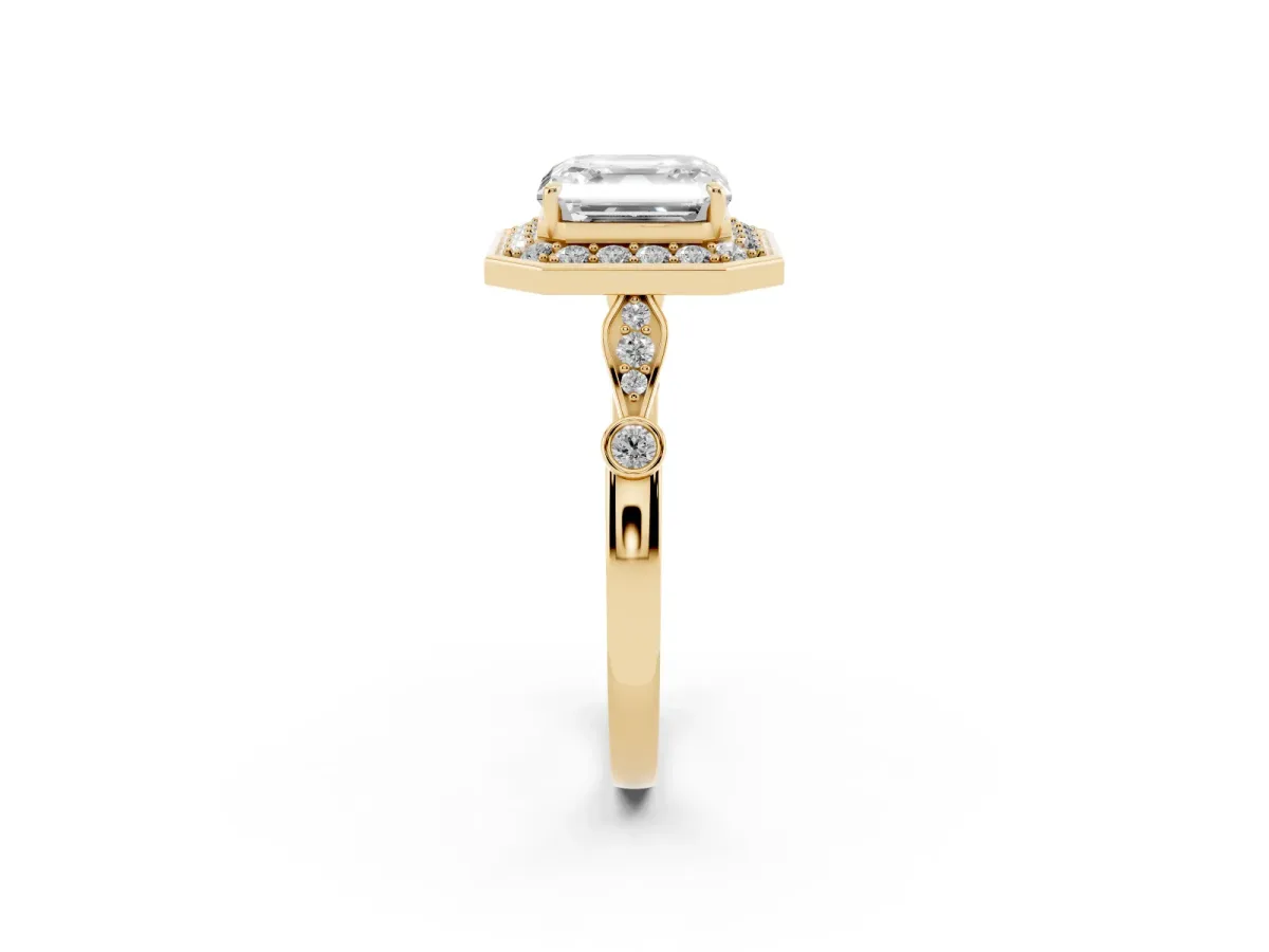 Asscher Cut Halo Diamond Engagement Ring with Twisted Band and Four-Prong Setting Yellow gold