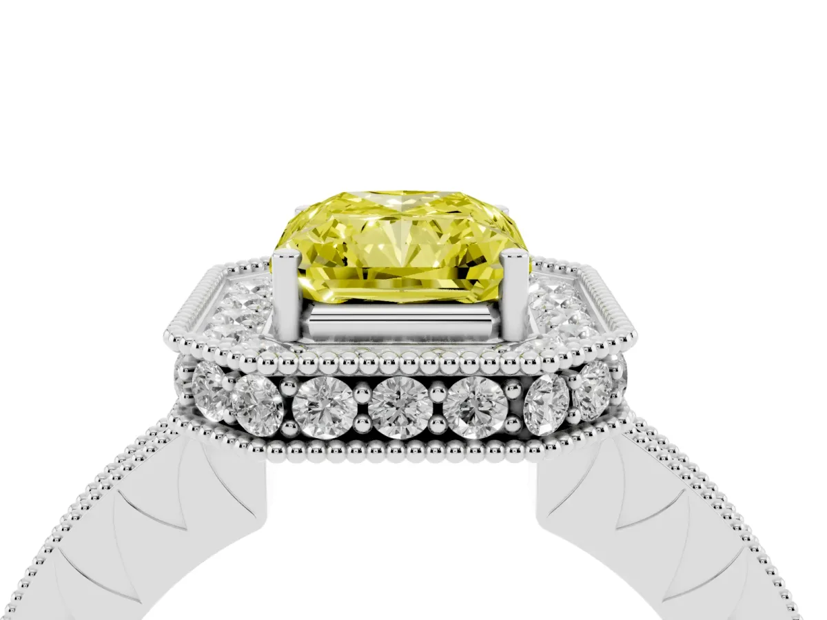 Fancy Yellow Radiant Cut Diamond Milgrain Halo Engagement Ring with Round Pavé Band and Prong Setting Silver