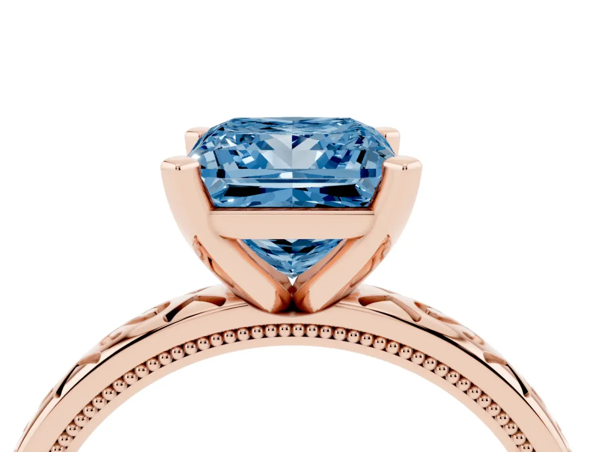 Fancy Blue Princess Cut Solitaire Engagement Ring with Scrollwork Band and Four-Prong Setting Rose gold
