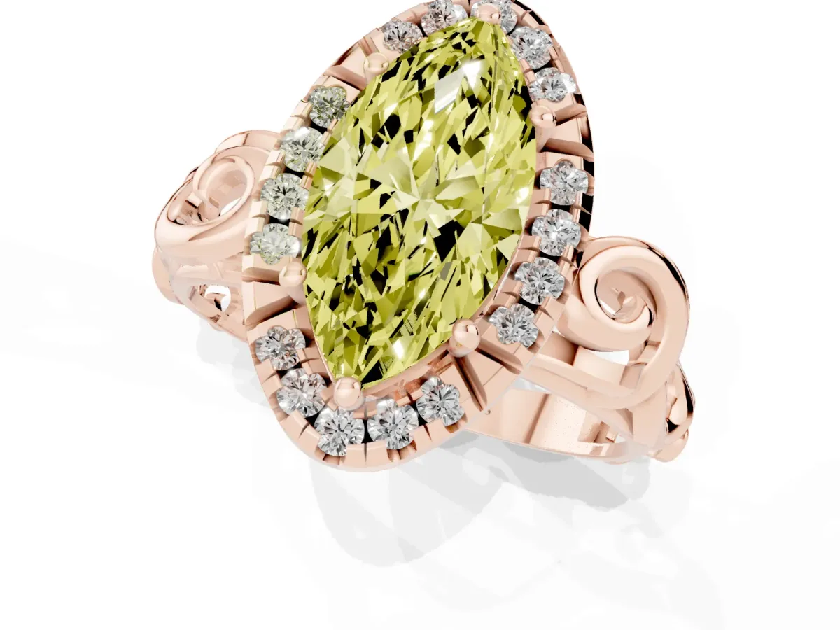 Fancy Yellow Marquise Cut Cut Halo Diamond Ring with Scrollwork Band and Four-Prong Setting Rose gold