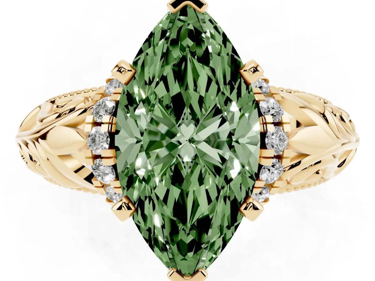 Fancy Green Marquise Cut Solitaire Filigree Engagement Ring with Halo and Prong Setting Yellow gold