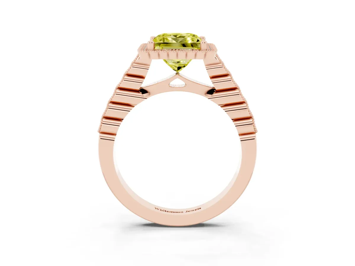 Fancy Yellow Princess Cut Cut Halo Pavé Solitaire Ring with Milgrain Band Rose gold