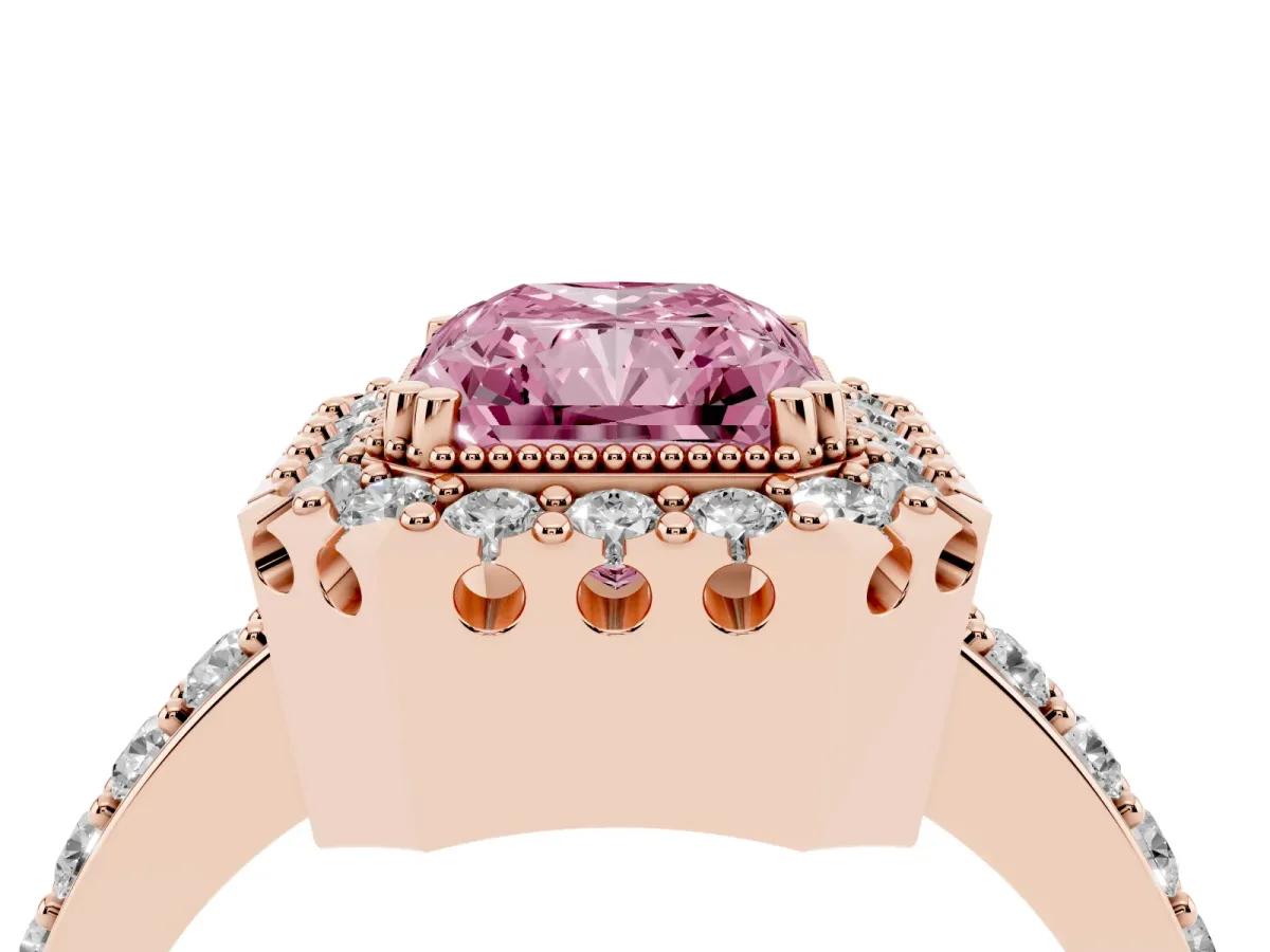 Fancy Pink Radiant Cut Diamond Halo Ring with Pavé Band and Prong Setting Rose gold