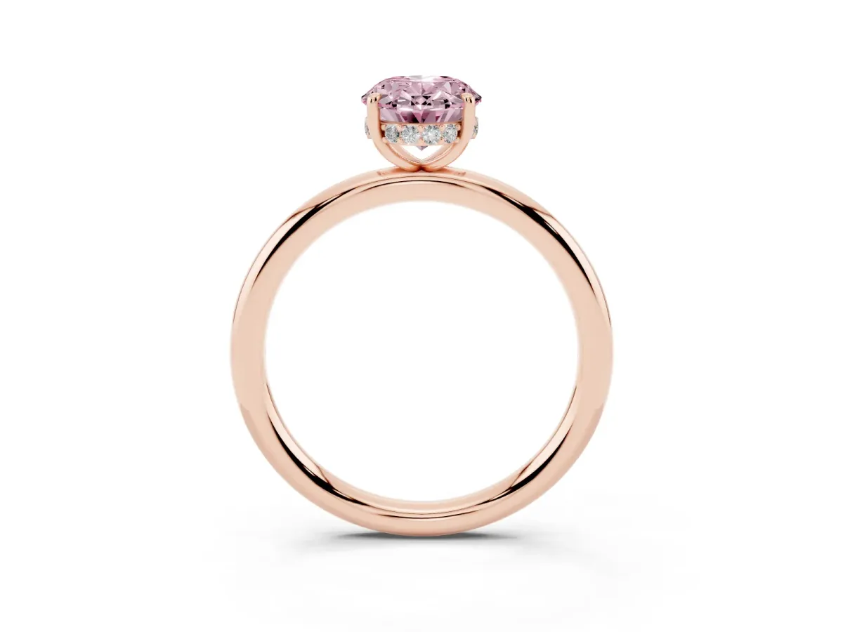 Fancy Pink Oval Cut Diamond Solitaire Ring with Thin Band and Four-Prong Setting Rose gold