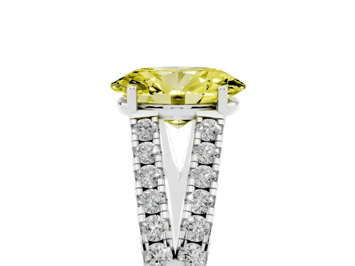 Fancy Yellow Oval Cut Diamond Split Shank Pavé Engagement Ring with Four-Prong Setting White gold