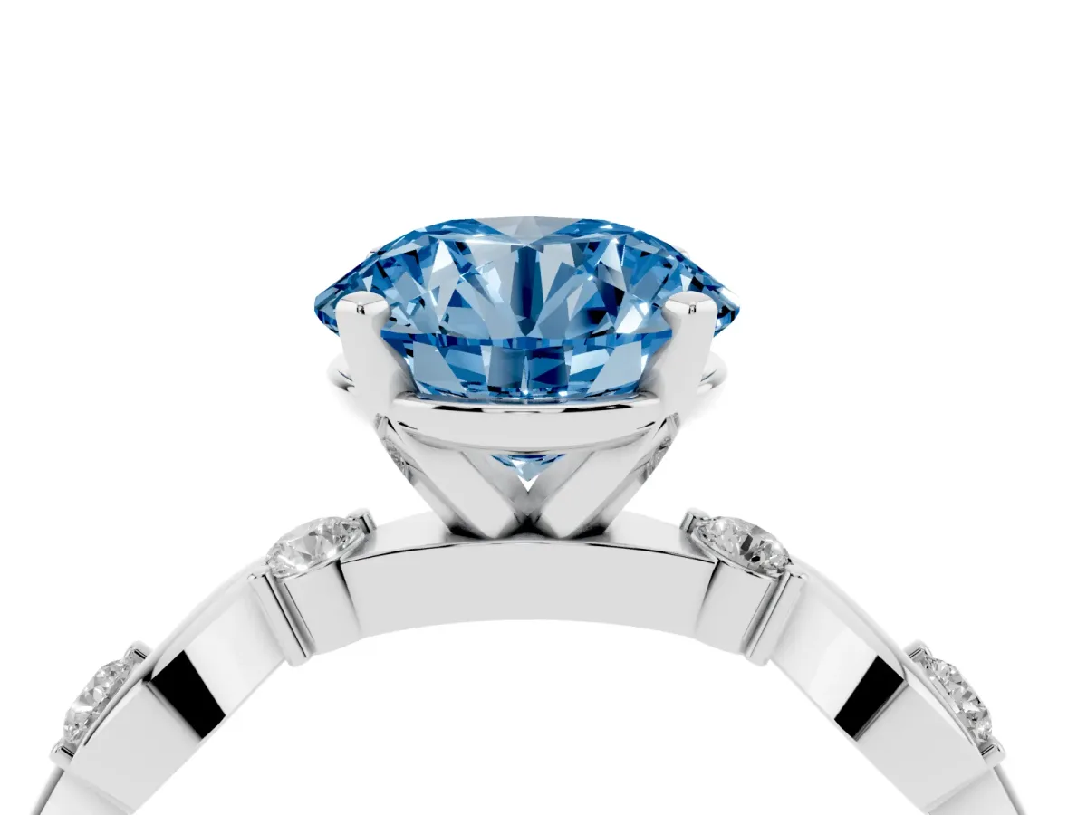 Fancy Blue Round Cut Diamond Solitaire Twisted Band with Round Accents and Prong Setting Silver