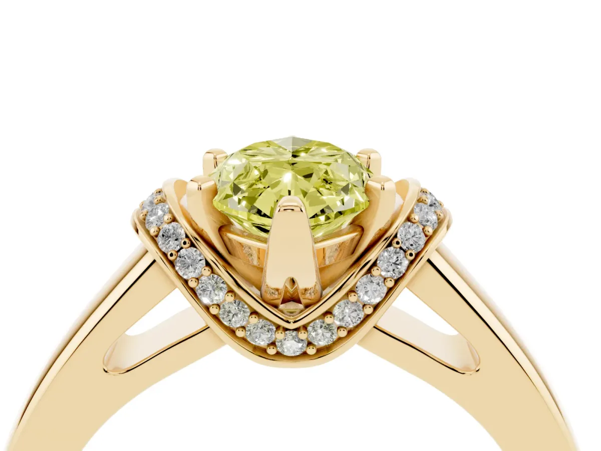 Fancy Yellow Marquise Cut Solitaire Diamond Ring with Pave Band and Six-Prong Setting Yellow gold