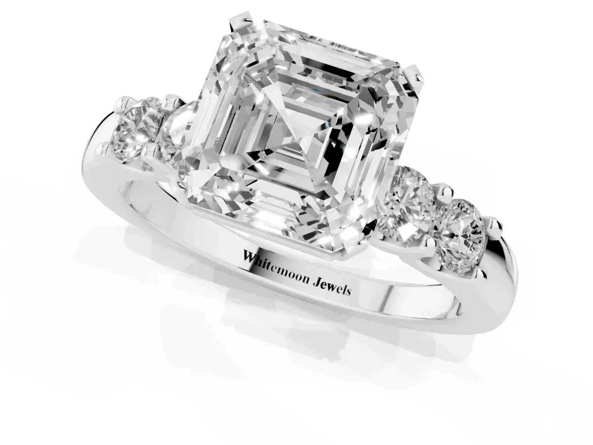 Asscher Cut Brilliant Cut Diamond Five-Stone Prong Set Engagement Ring with Channel Band Silver