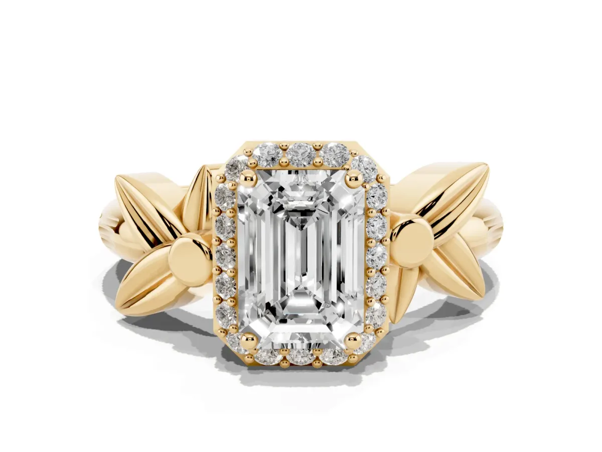 Emerald Cut Halo Diamond Floral Band with Four-Prong Setting Yellow gold
