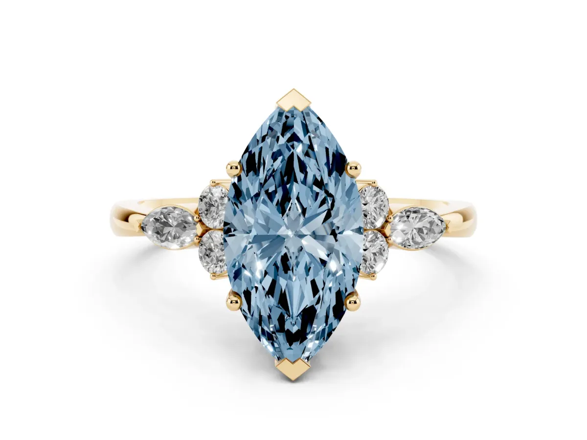 Fancy Blue Marquise Cut Brilliant Diamond Solitaire Ring with Pear Side Stones and Four-Prong Setting Yellow gold