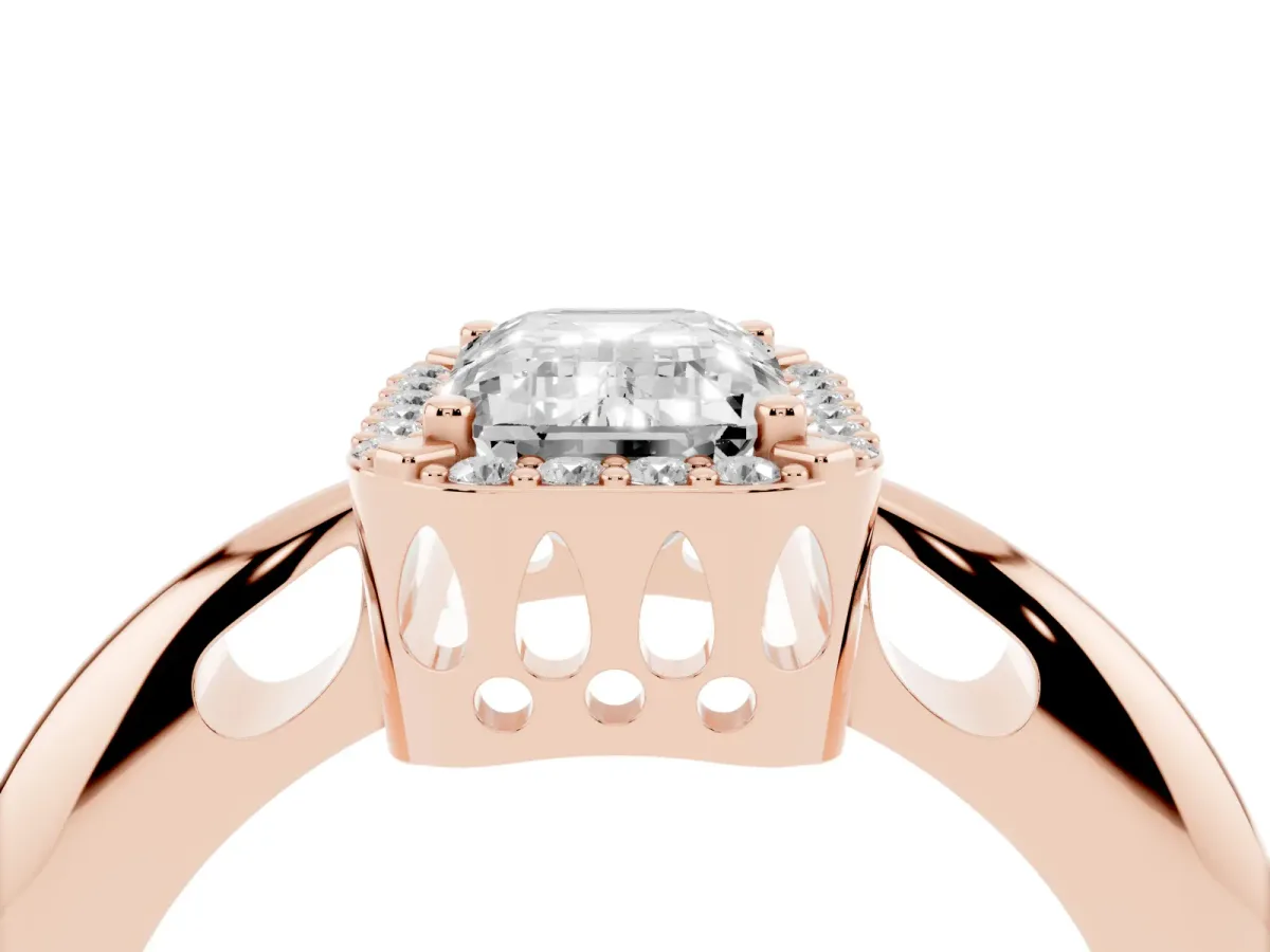 Emerald Cut Cut Diamond Halo Engagement Ring with Split Shank and Four-Prong Setting Rose gold