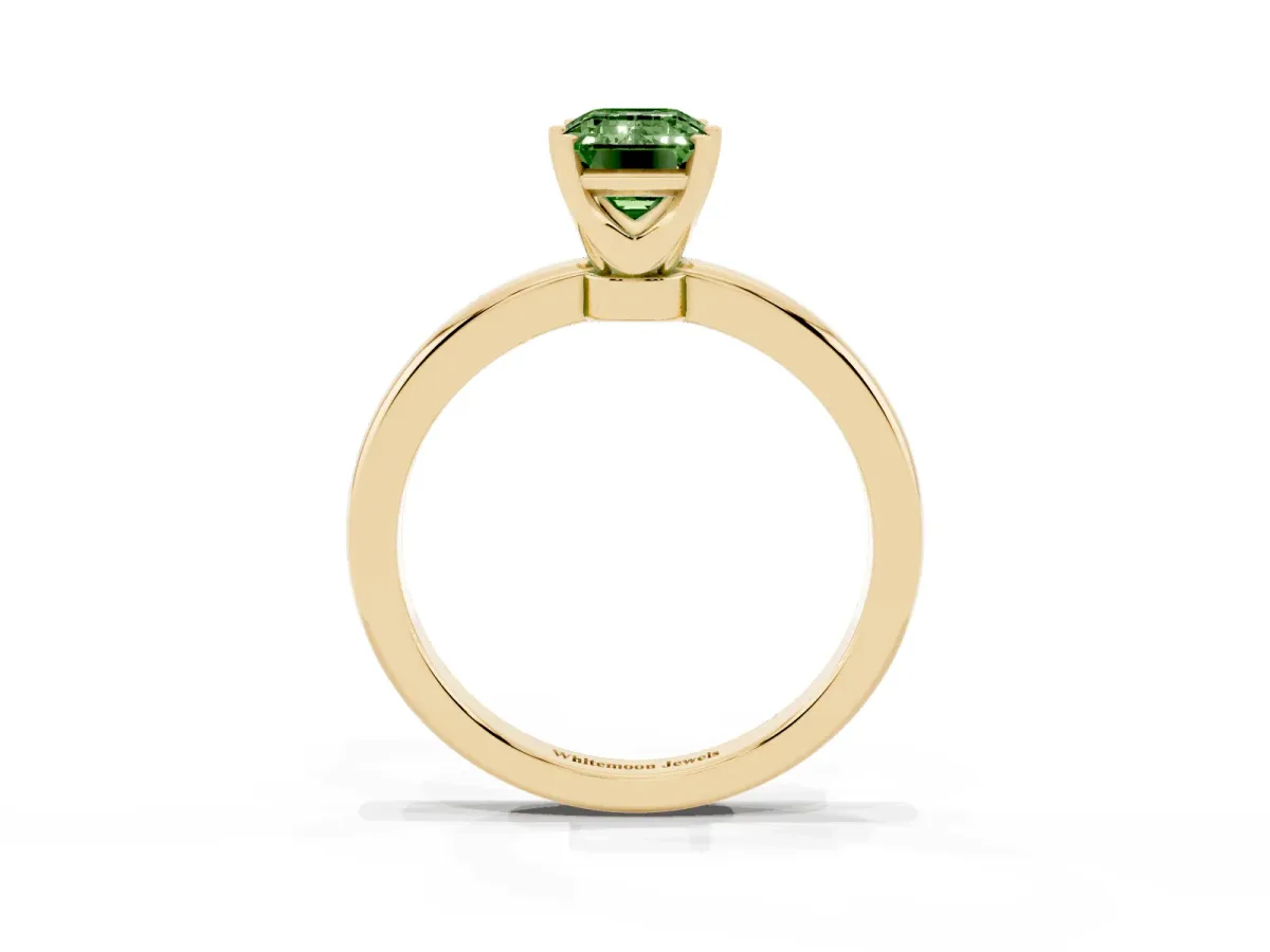 Fancy Green Emerald Cut Solitaire Diamond Ring with Six-Prong Setting on a Classic Band Yellow gold