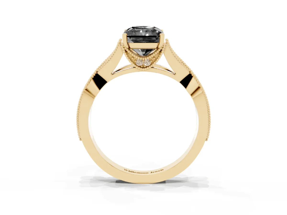 Fancy Black Radiant Cut Cut Diamond Twisted Band with Milgrain Pave Setting and Four-Prong Setting Yellow gold