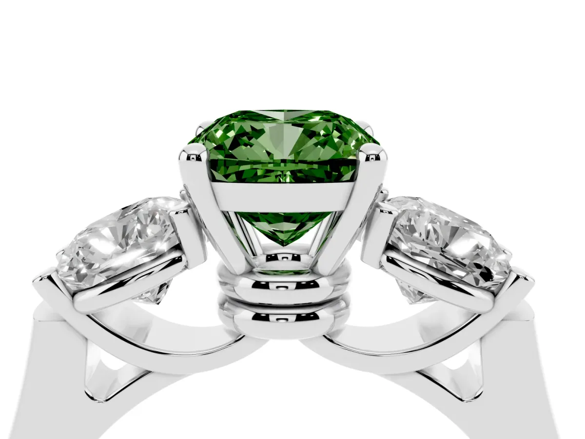 Fancy Green Three-Stone Cushion Cut Brilliant Diamond Trellis Ring with Comfort Fit Band Platinum