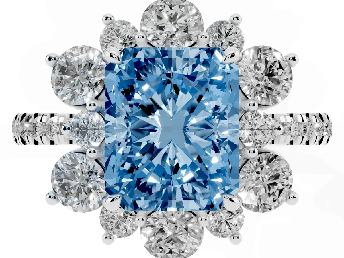 Fancy Blue Radiant Cut Diamond Floral Halo Ring with Round Pavé Band and Prong Setting Silver