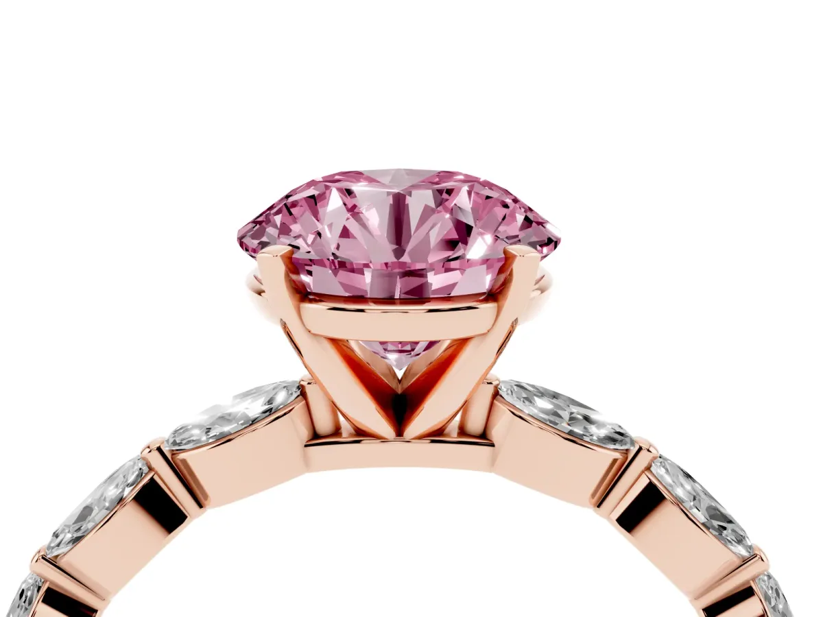 Fancy Pink Round Cut Diamond Ring with Marquise Side Stones and Prong Setting Rose gold