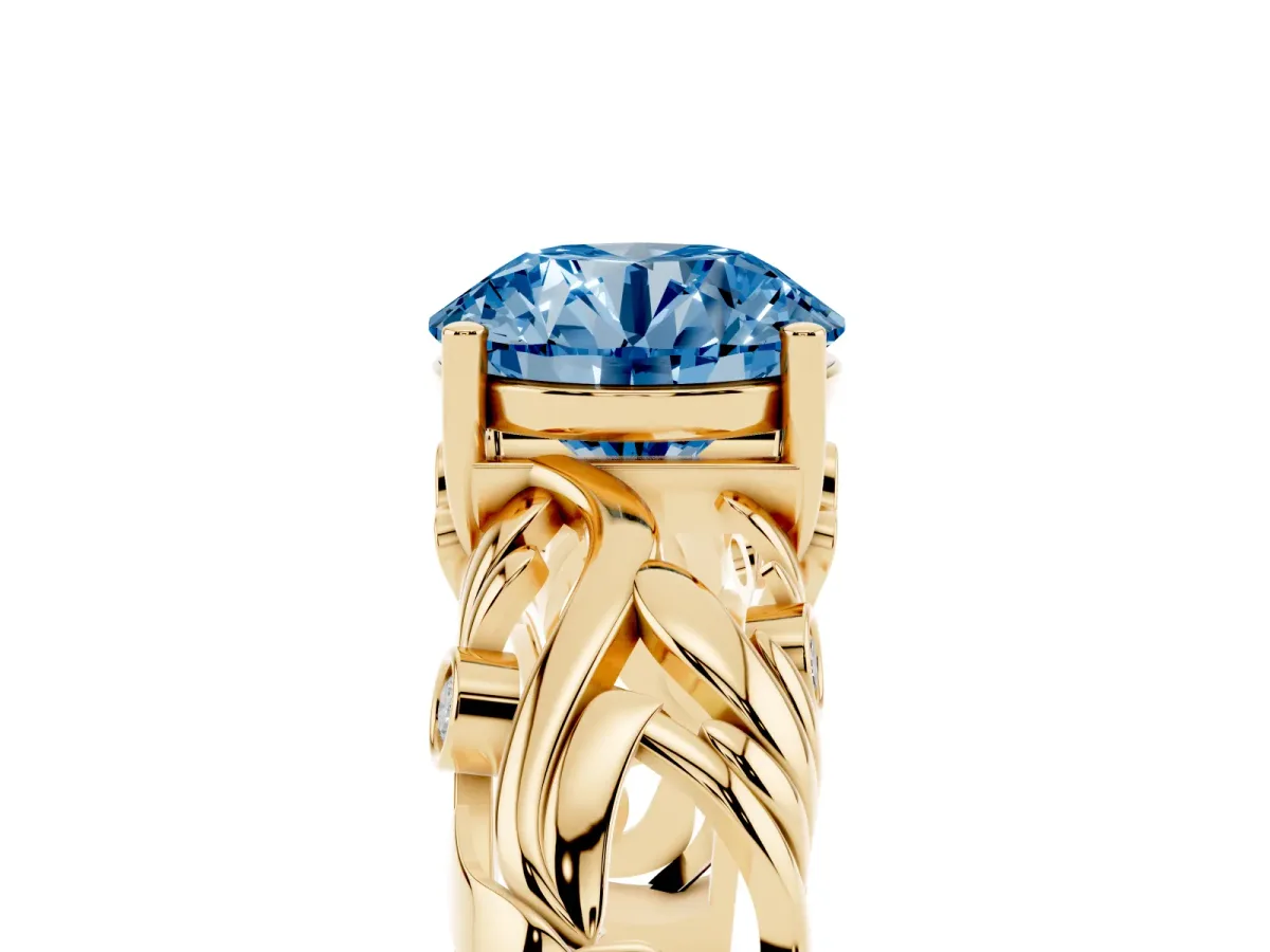 Fancy Blue Round Cut Solitaire Diamond Leaf-Inspired Vine Band Ring with Prong Setting Yellow gold