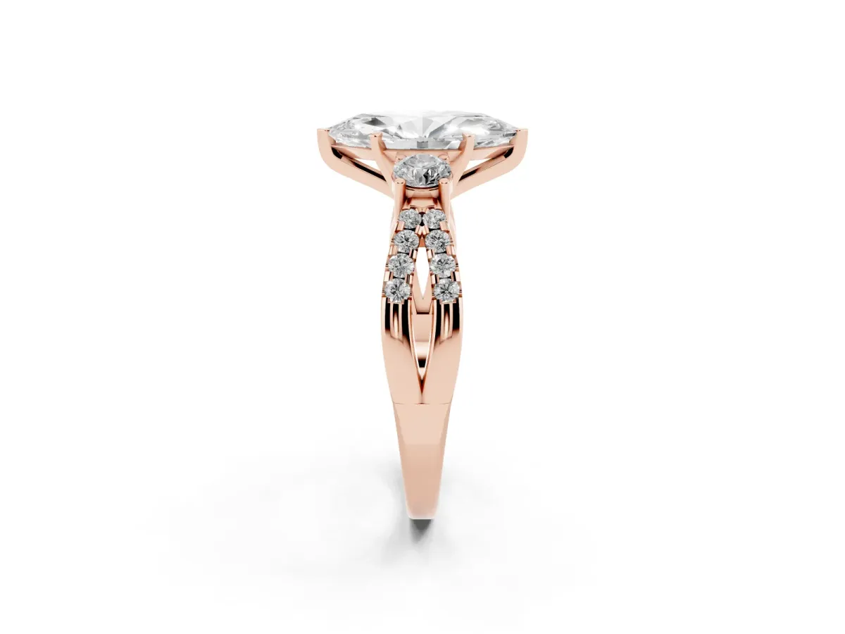 Marquise Cut Diamond Three-Stone Ring with Pavé Split Shank and Four-Prong Setting Rose gold