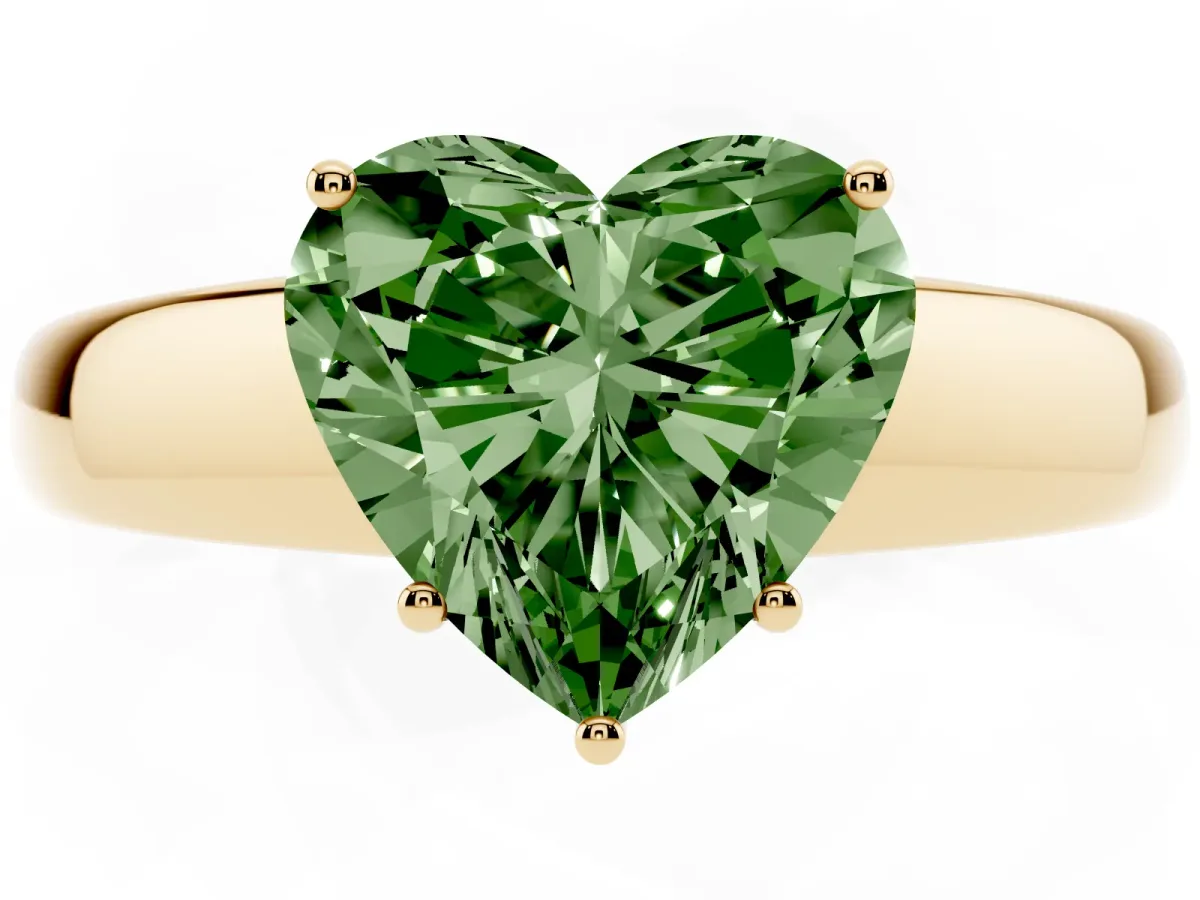 Fancy Green Heart Cut Solitaire Diamond Ring with Tapered Band and Four-Prong Setting Yellow gold