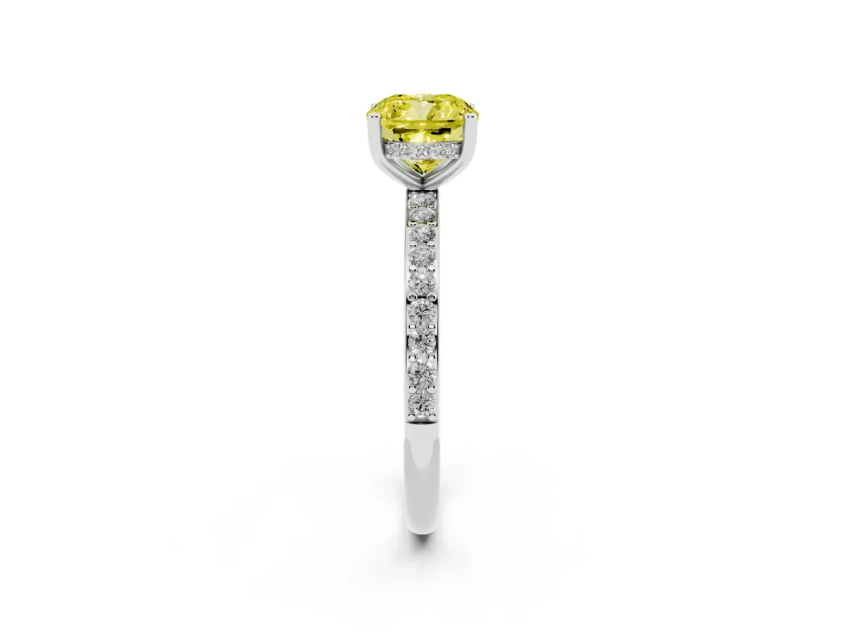 Fancy Yellow Cushion Cut Cut Diamond Pavé Band Ring with Four-Prong Setting Silver