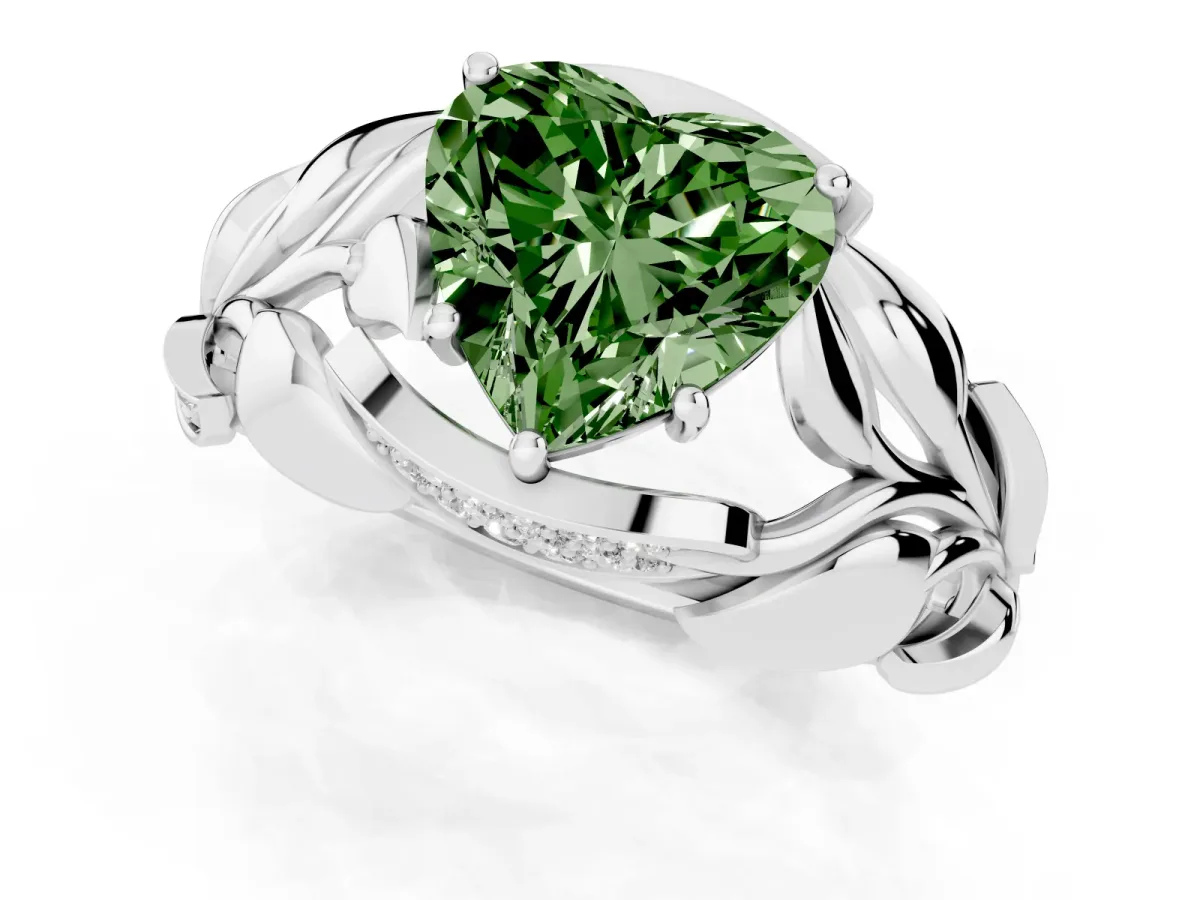 Fancy Green Heart Cut Diamond Leaf-Inspired Engagement Ring with Round Accents and Prong Setting White gold