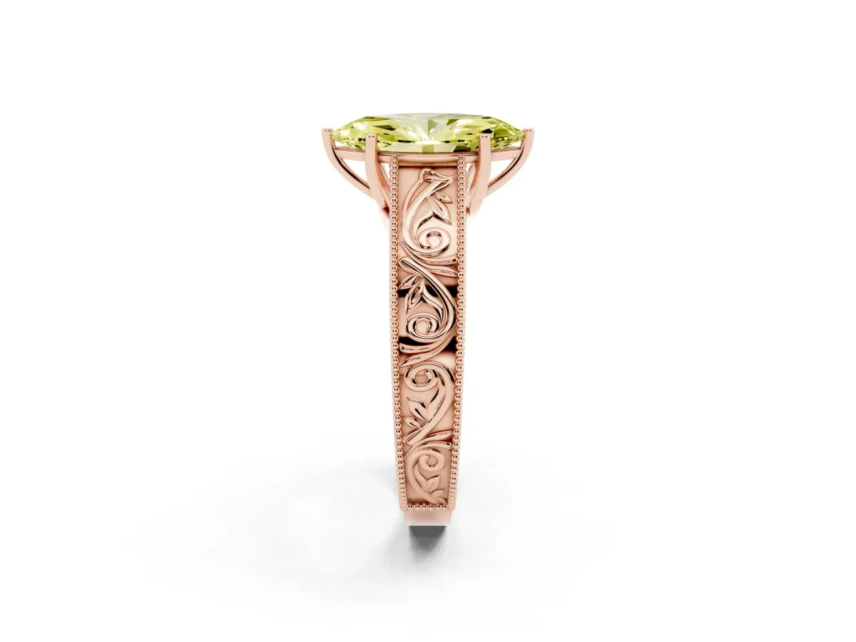 Fancy Yellow Marquise Cut Diamond Solitaire Ring with Engraved Band and Four-Prong Setting Rose gold