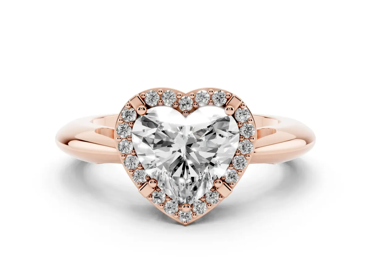Heart Cut Cut Diamond Halo Engagement Ring with Split Shank and Four-Prong Setting Rose gold