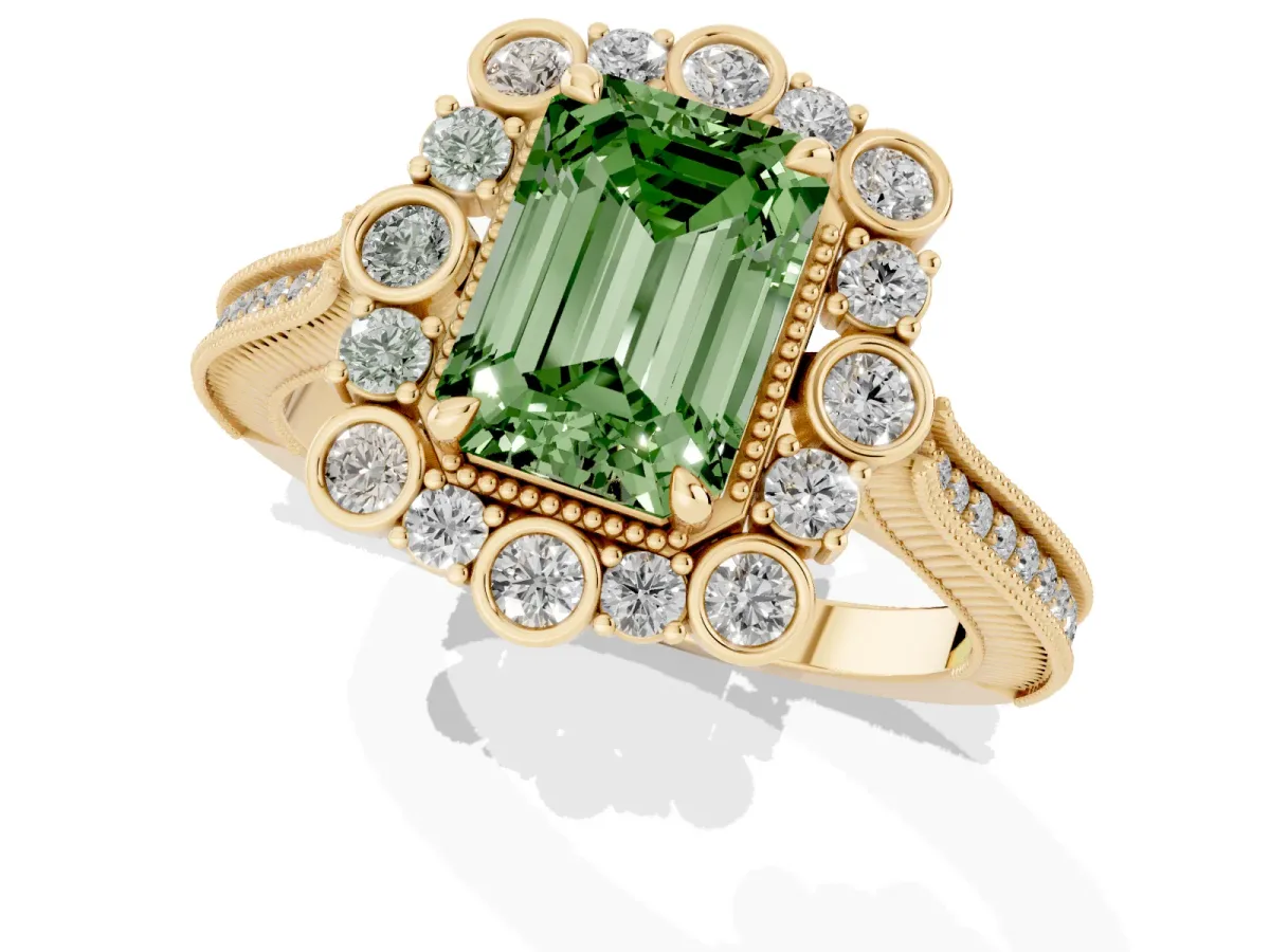 Fancy Green Emerald Cut Halo Milgrain Pave Diamond Ring with Four-Prong Setting Yellow gold