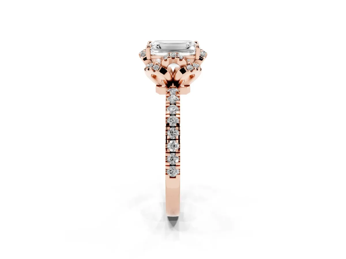 Emerald Cut Halo Diamond Pave Band Ring with Four-Prong Setting Rose gold