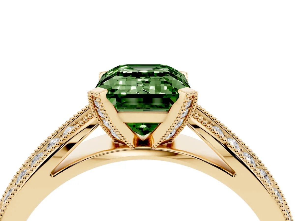 Fancy Green Emerald Cut Diamond Solitaire Ring with Milgrain Round Pavé Band and Prong Setting Yellow gold