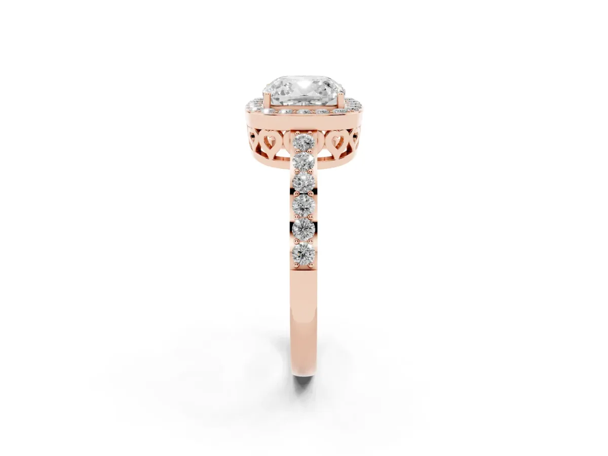 Cushion Cut Halo Diamond Pavé Band Ring with Prong Setting Rose gold