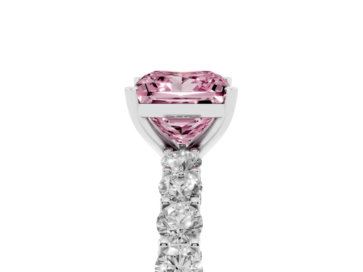 Fancy Pink Princess Cut Diamond Solitaire Ring with Shared Prong Pavé Band and Four-Prong Setting Silver