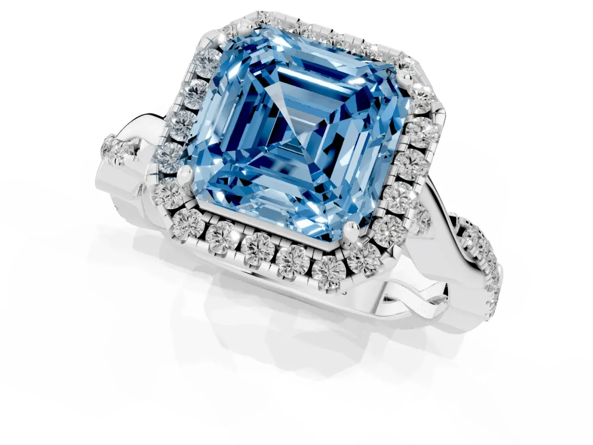 Fancy Blue Asscher Cut Halo Twist Band Solitaire Ring Silver