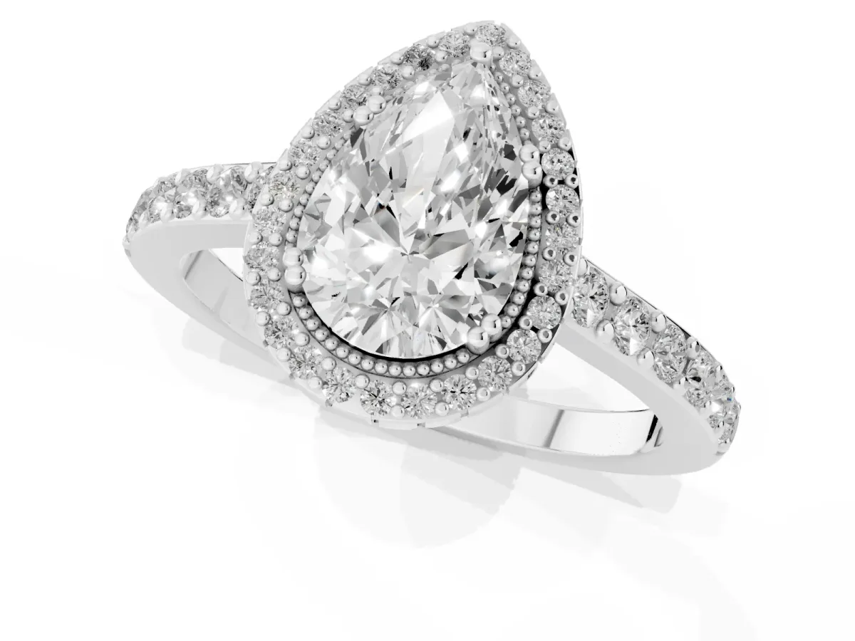 Pear Cut Cut Diamond Halo Engagement Ring with Milgrain Detail and Pavé Band White gold