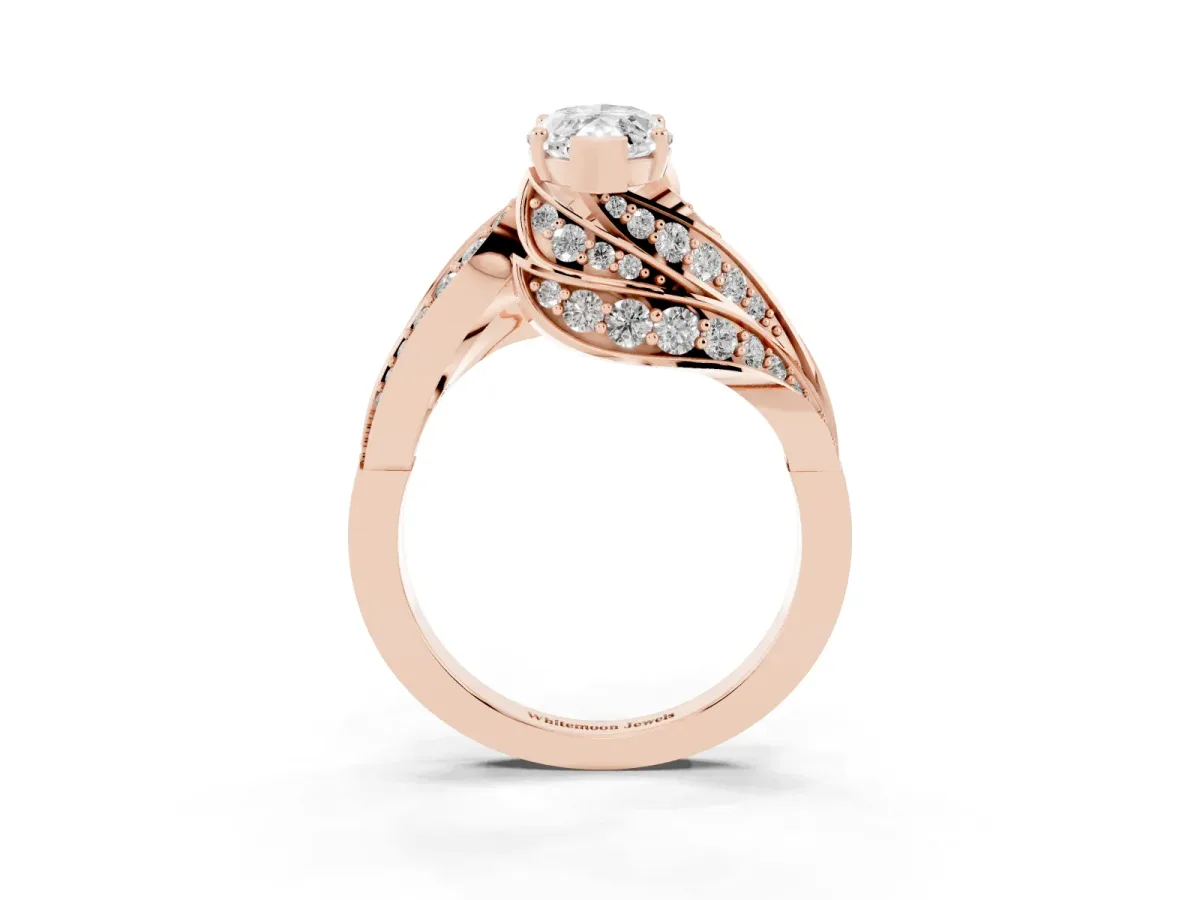 Marquise Cut Diamond Solitaire Ring with Prong Setting and Twisted Pavé Band Rose gold