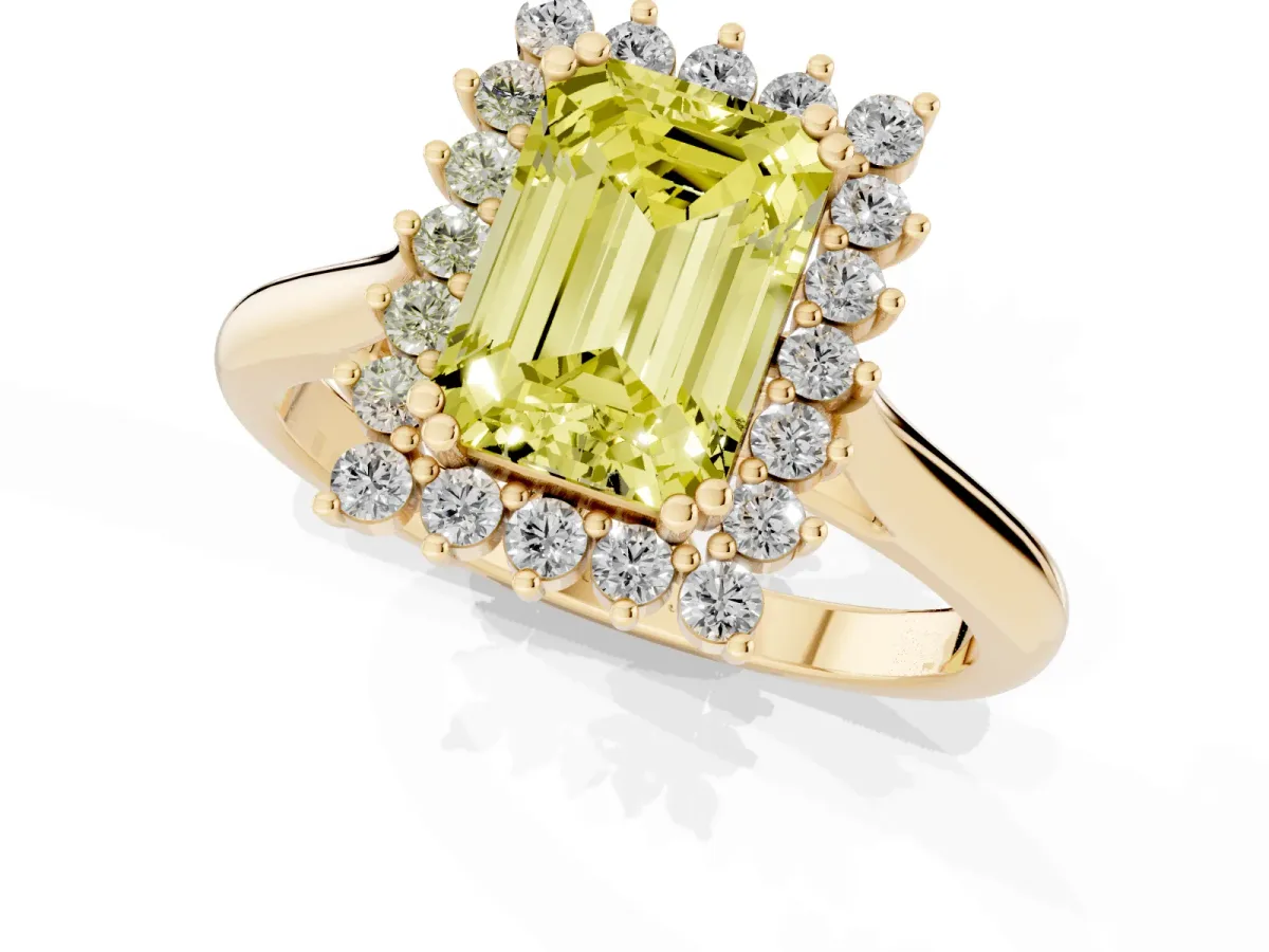 Fancy Yellow Emerald Cut Cut Diamond Halo Ring with Solitaire Band and Prong Setting Yellow gold