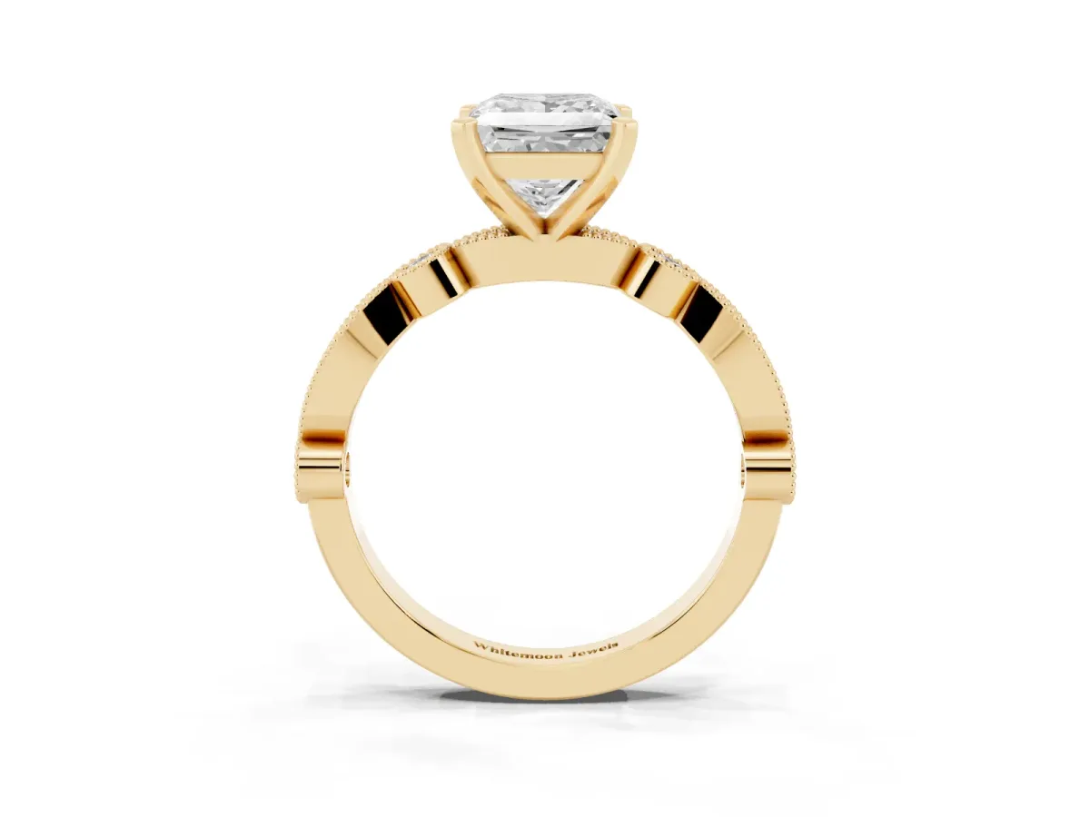Princess Cut Milgrain Bezel Diamond Engagement Ring with Solitaire Prong Setting Yellow gold