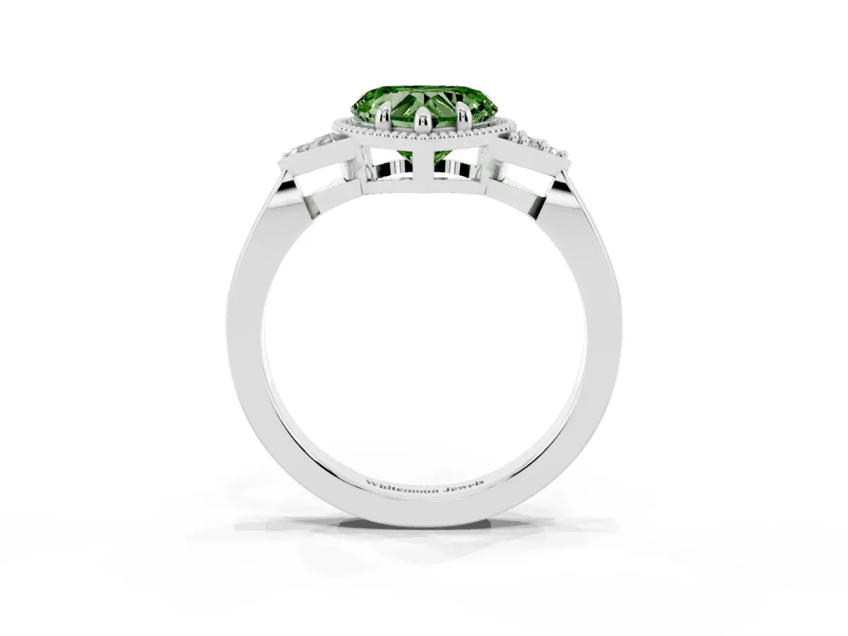 Fancy Green Heart Cut Diamond Halo Ring with Tapered Band and Four-Prong Setting Platinum