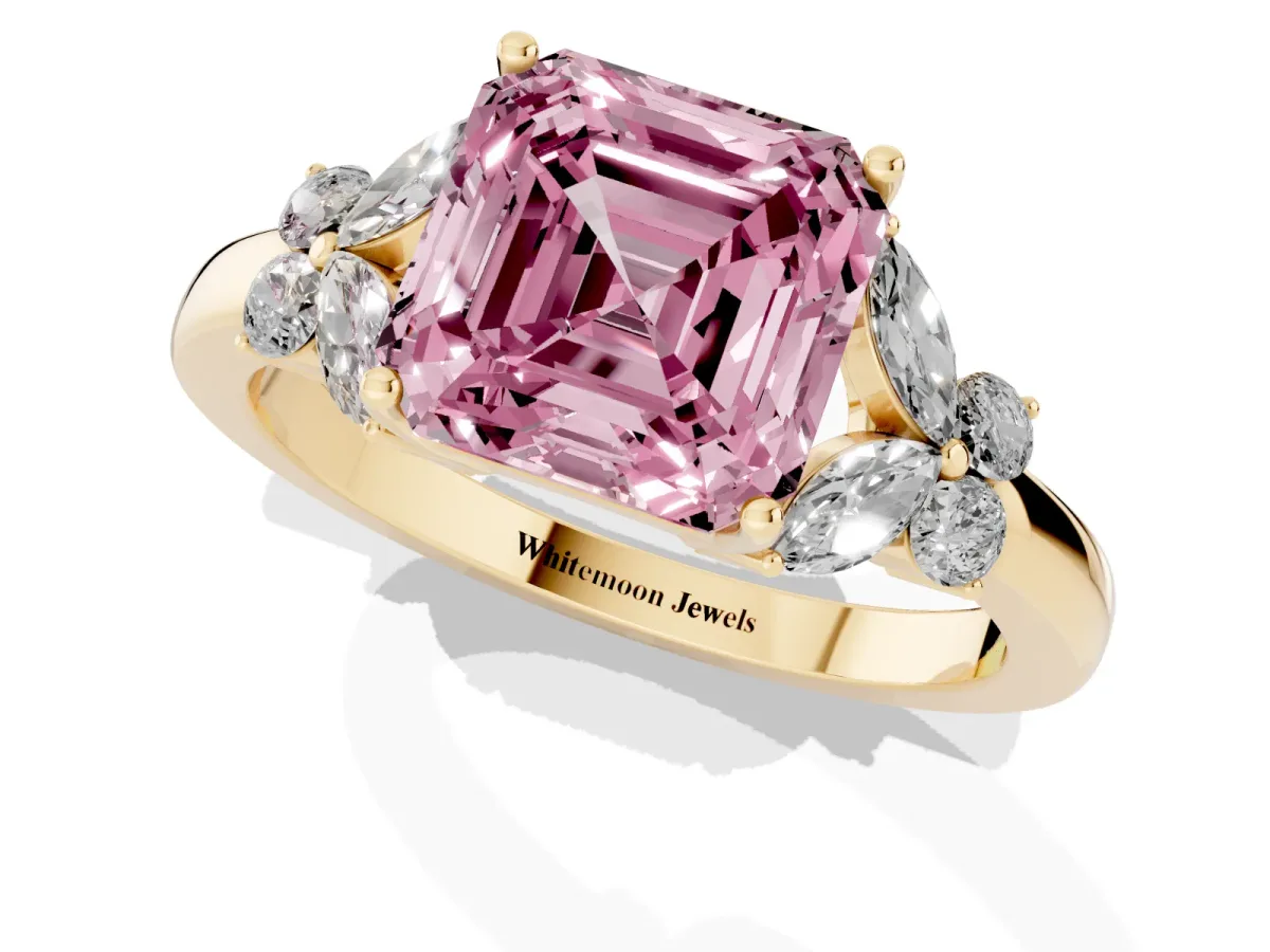 Fancy Pink Asscher Cut Cut Solitaire Floral Diamond Ring with Four-Prong Setting Yellow gold