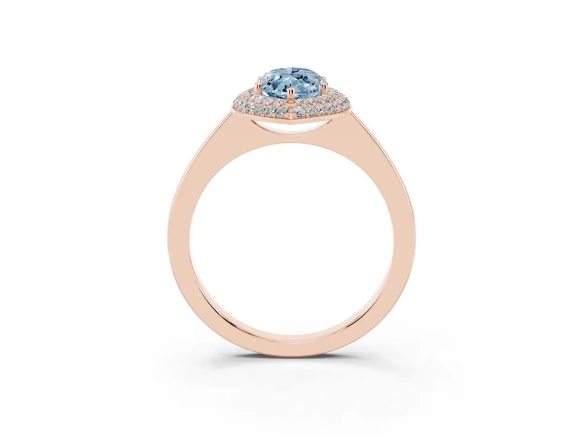 Fancy Blue Marquise Cut Halo Diamond Engagement Ring with Solitaire Band and Four-Prong Setting Rose gold