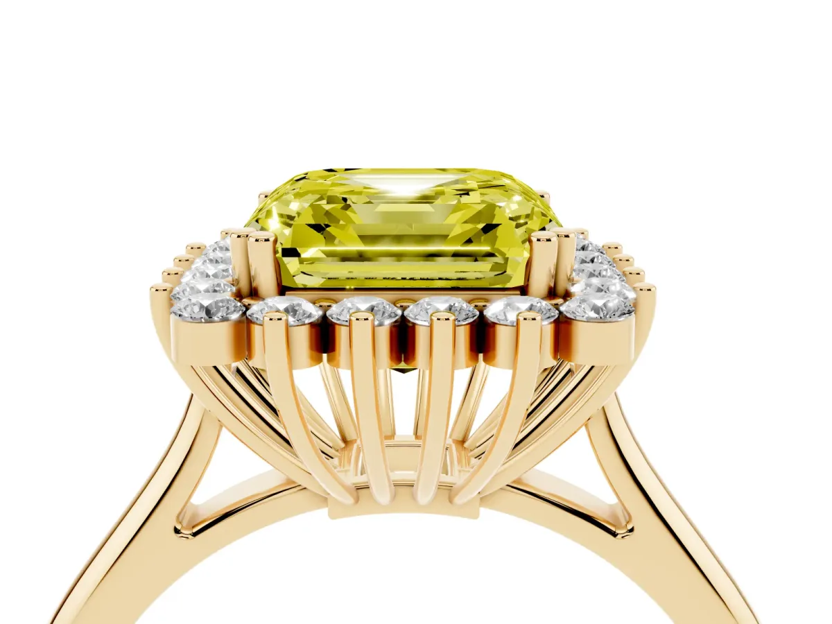 Fancy Yellow Asscher Cut Cut Diamond Halo Ring with Solitaire Band and Prong Setting Yellow gold