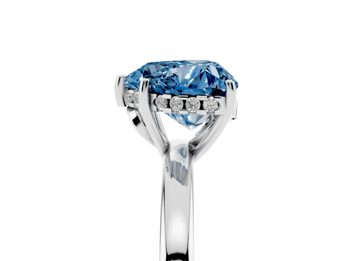 Fancy Blue Heart Cut Solitaire Diamond Ring with Prong Setting and Plain Band Silver