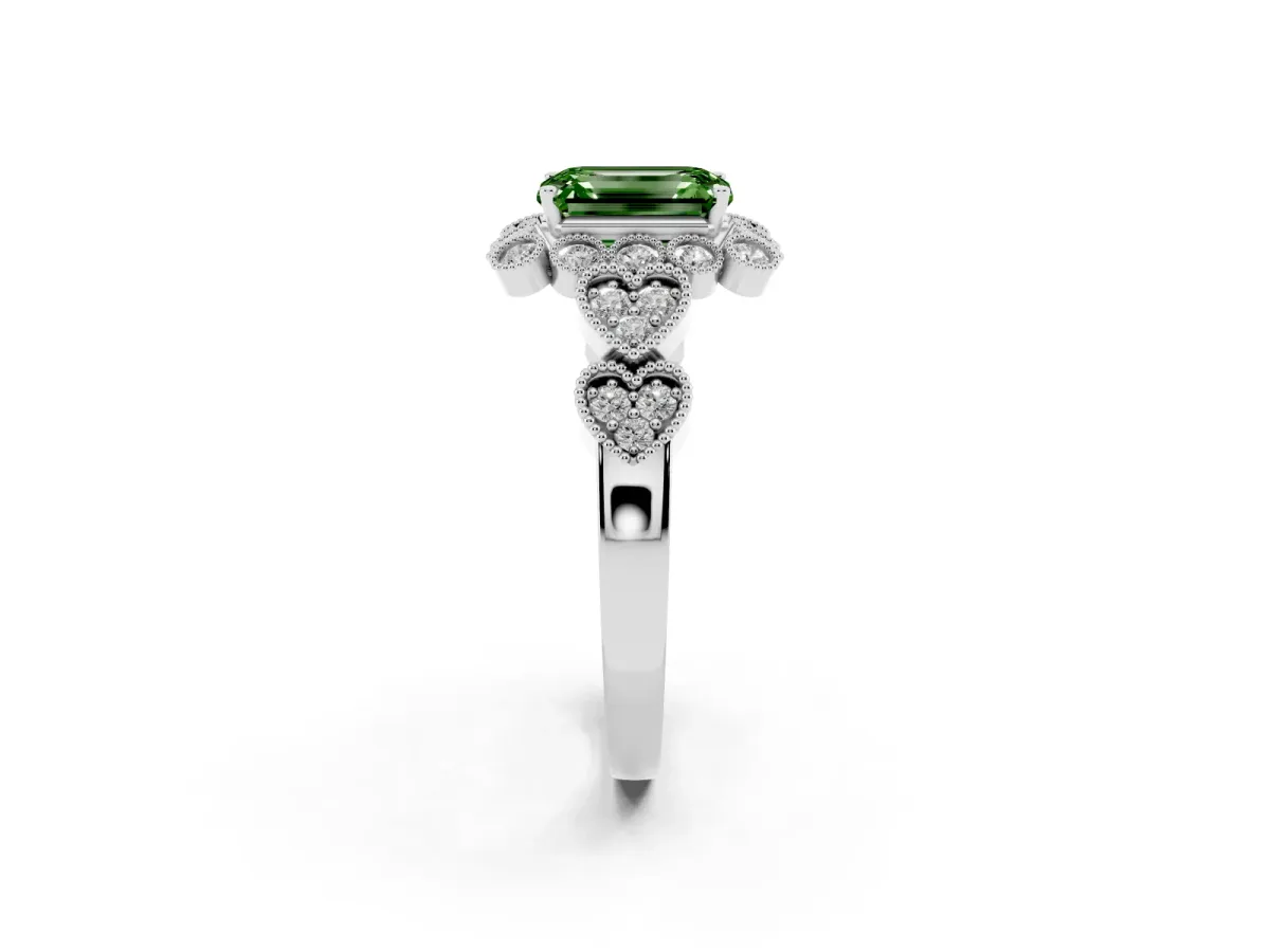 Fancy Green Emerald Cut Brilliant Milgrain Pave Heart Band Solitaire Ring Silver