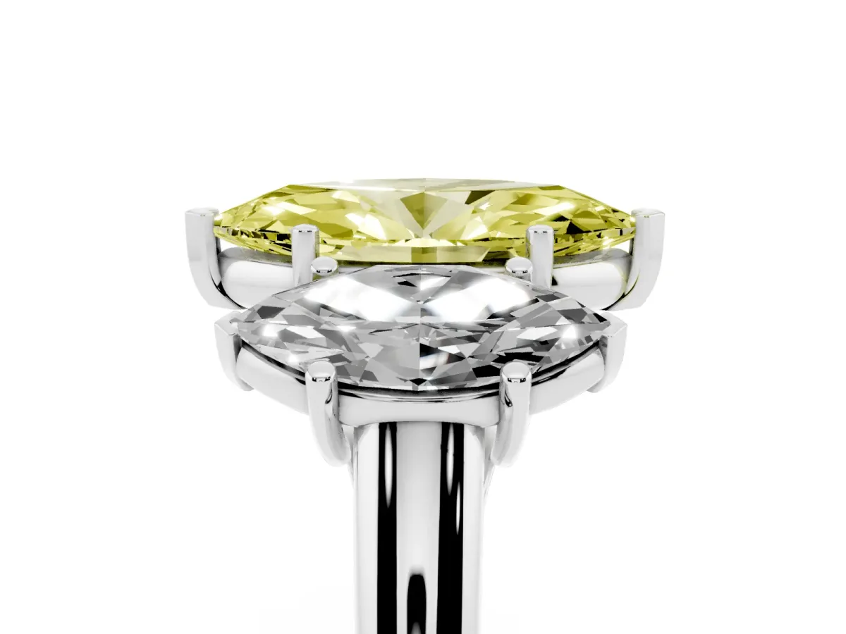 Fancy Yellow Three-Stone Marquise Cut Diamond Engagement Ring with Prong Setting Silver