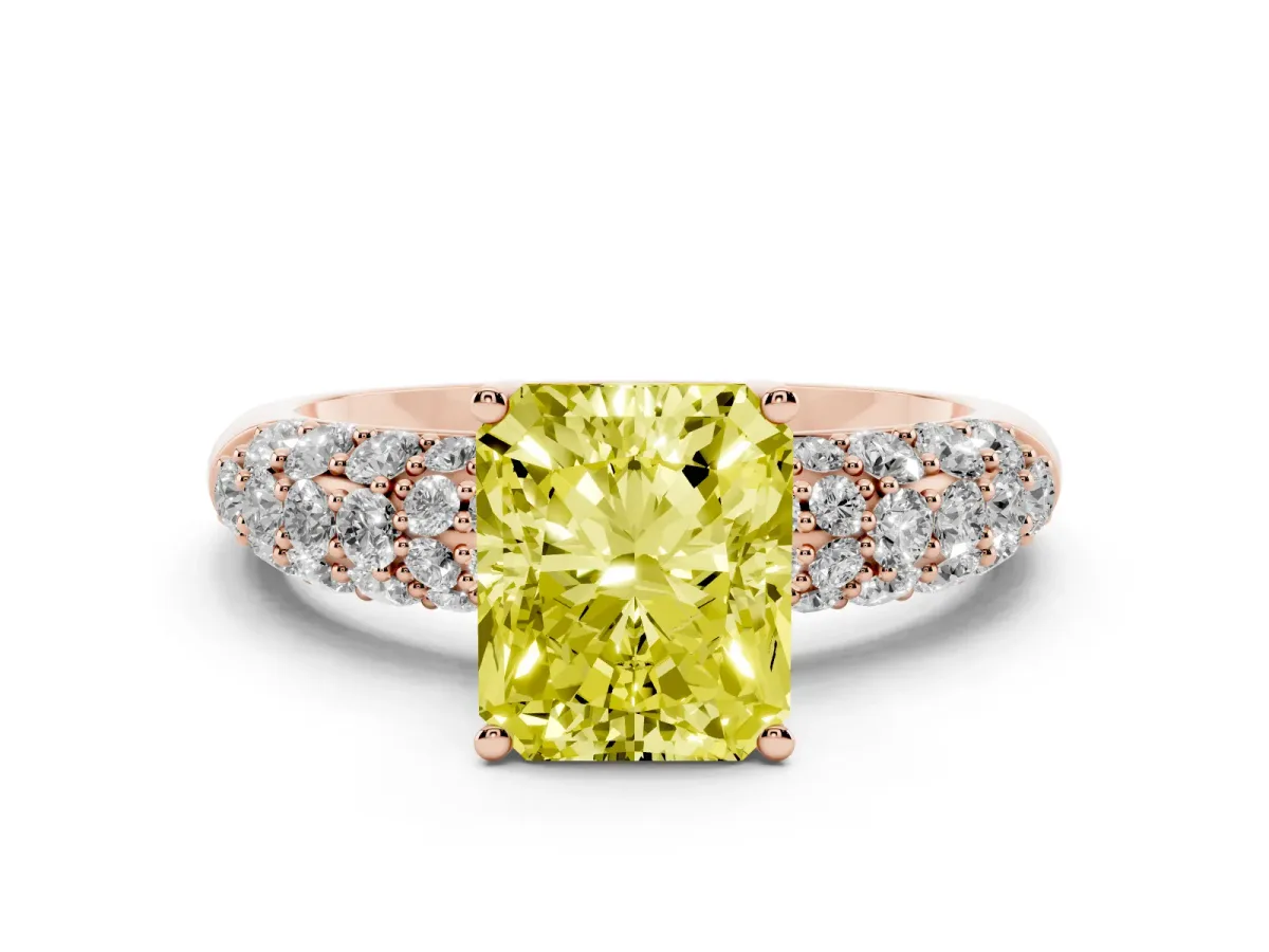 Fancy Yellow Radiant Cut Diamond Pavé Band Solitaire Ring with Four-Prong Setting Rose gold