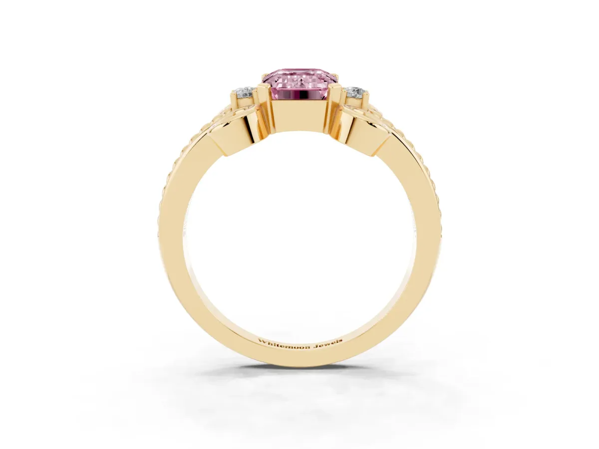 Fancy Pink Emerald Cut Solitaire Twisted Band Scroll Prong Ring Yellow gold