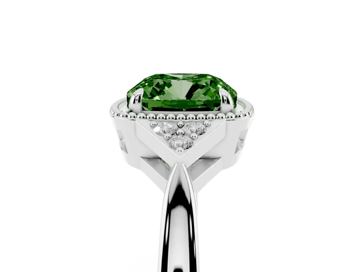 Fancy Green Hexagonal Halo Cushion Cut Diamond Solitaire with Pavé Band and Four-Prong Setting White gold